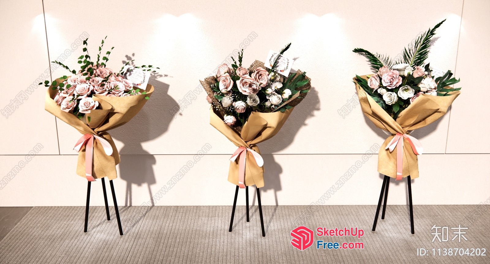 Elegant Pink Flower Bouquets On Black Stands 3D SketchUp File