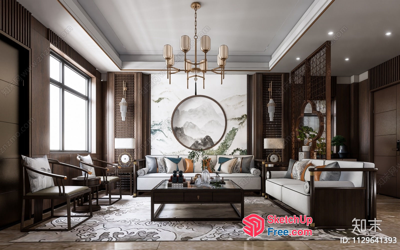 Traditional Asian-Inspired Living Room With Elegant Chandelier 3D SketchUp File