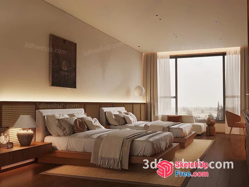 Modern Bedroom With Three Beds And Wood Accents 3D SketchUp File