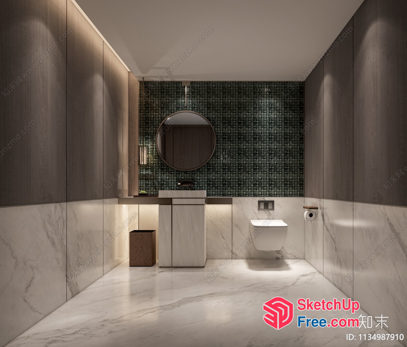 Marble And Wood Bathroom With Green Tile Accent 3D SketchUp File