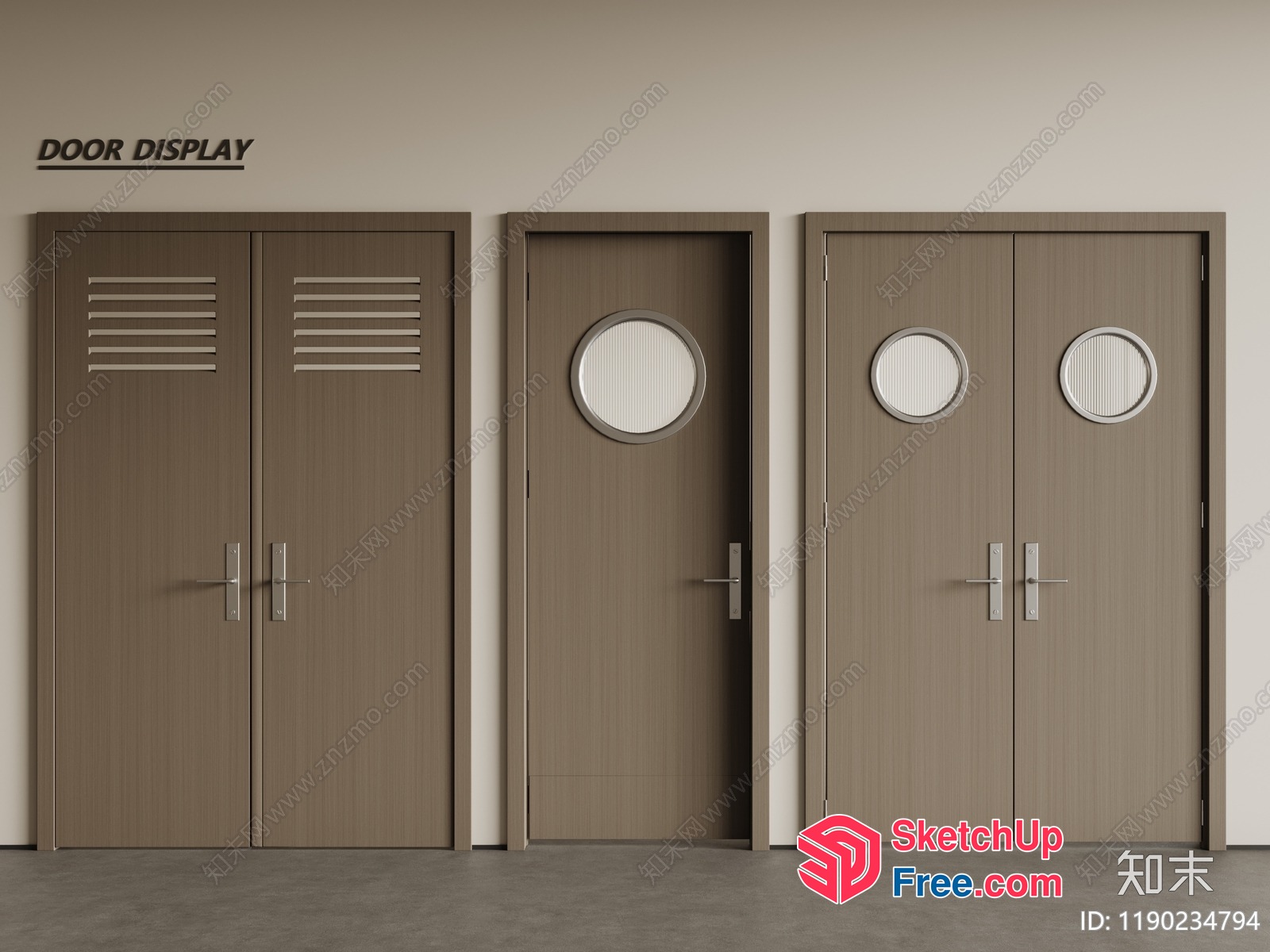 Three Brown Doors With Circular Windows 3D SketchUp File