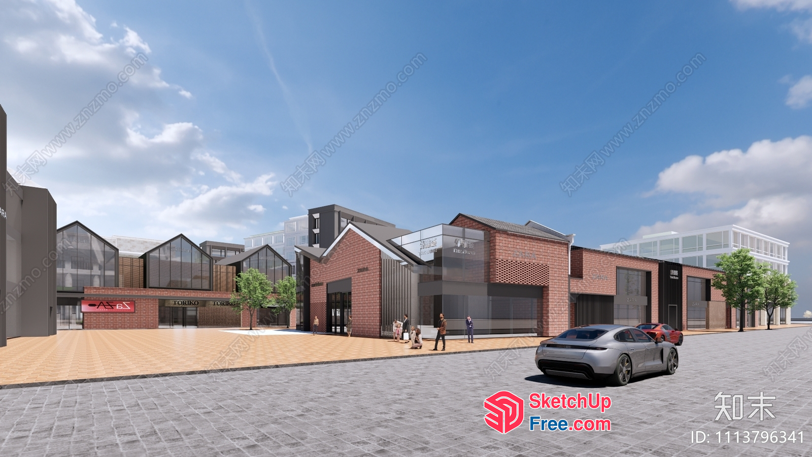 Commercial Street With Brick Buildings And Glass Windows 3D SketchUp File