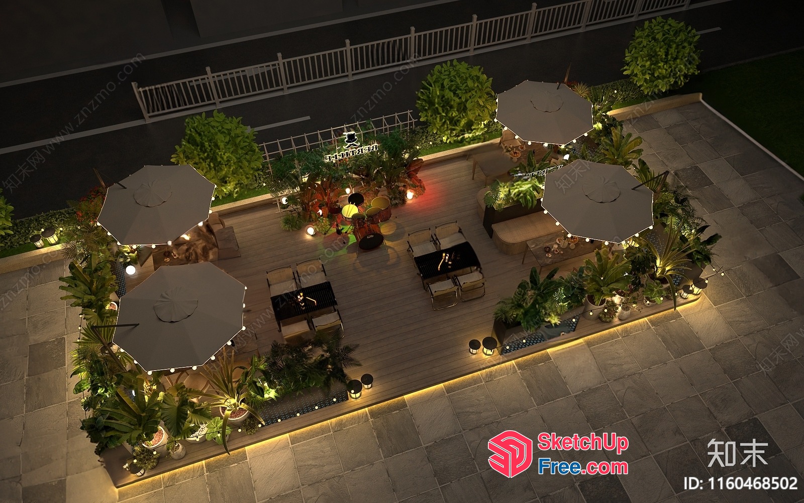 Outdoor Seating Area With String Lights And Umbrellas 3D SketchUp File