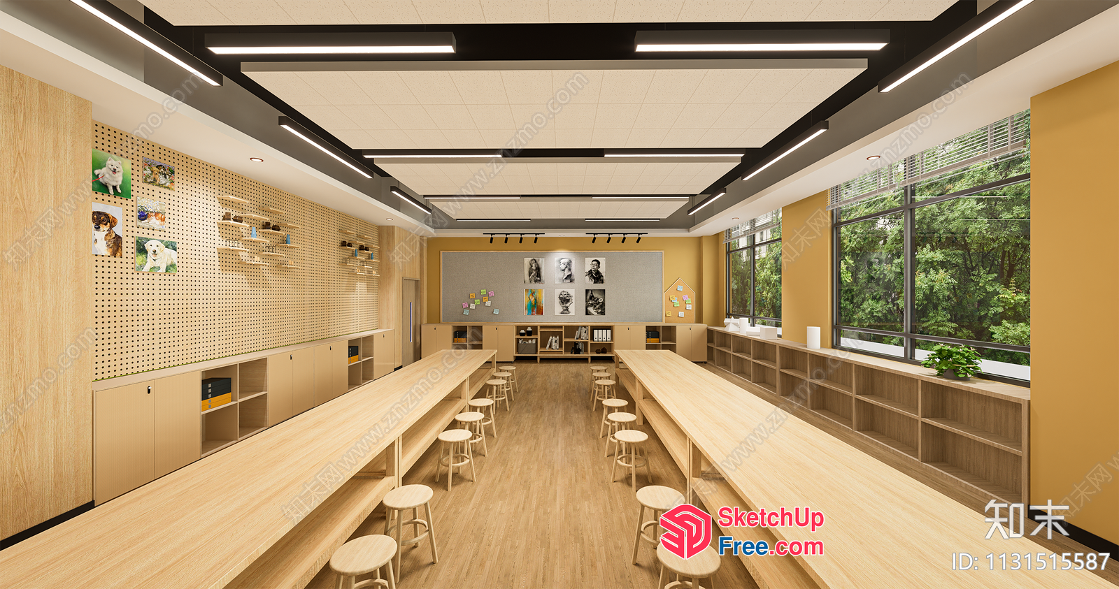 Modern Light Wood Tone Classroom With Long Tables And Stools 3D SketchUp File