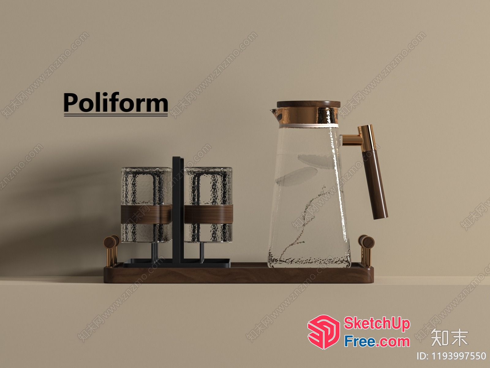 Poliform Glass Pitcher And Glassware Set With Wooden Base 3D SketchUp File