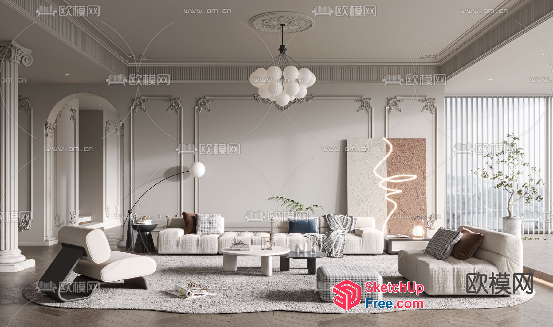 Elegant Living Room With Pillars And Columns 3D SketchUp File