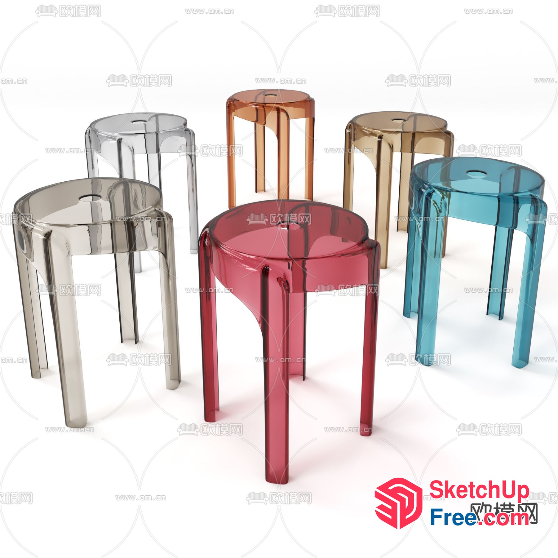 Modern Transparent Plastic Stools In Various Colors 3D SketchUp File