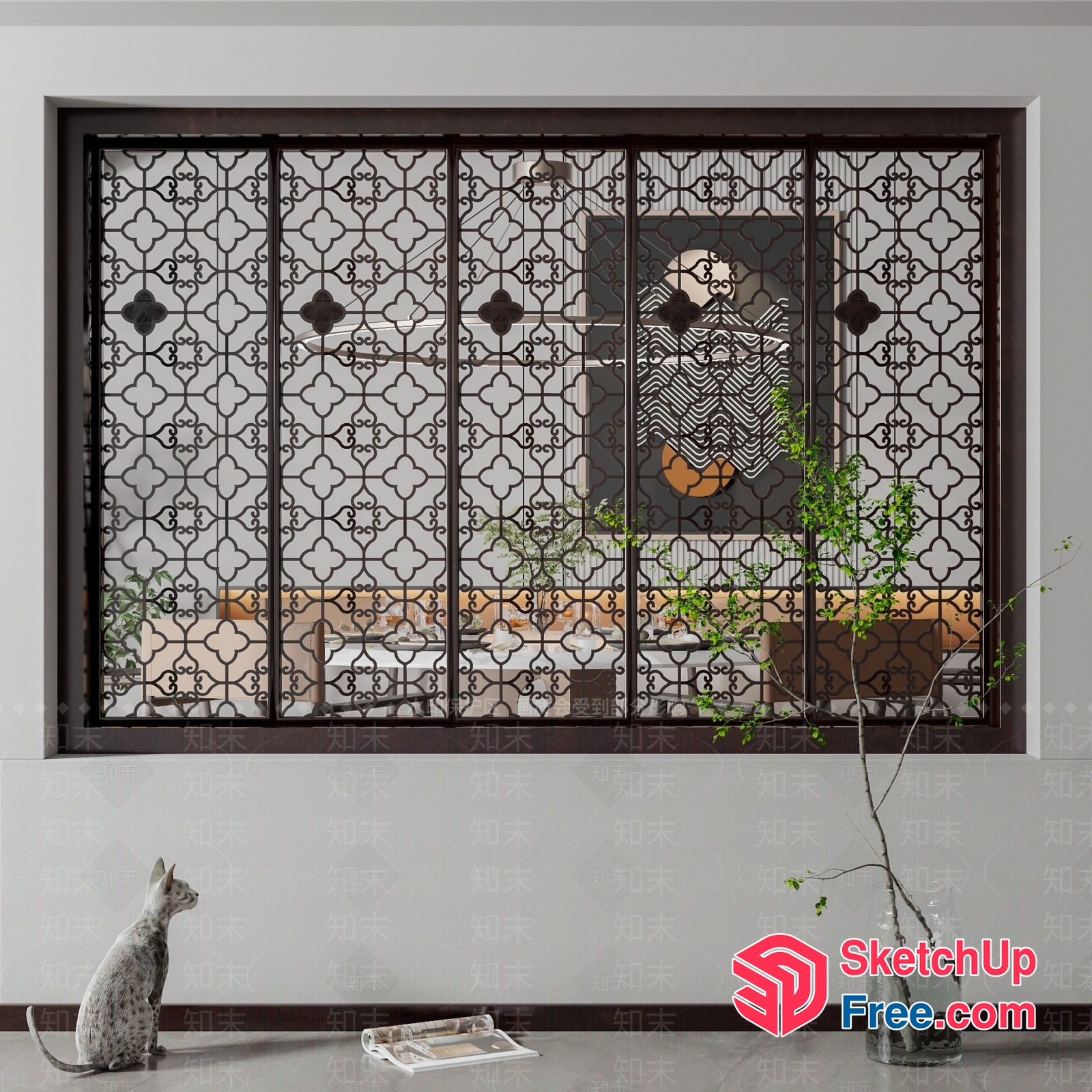 Elegant Window With Ornate Metal Grille And Cat 3D SketchUp File