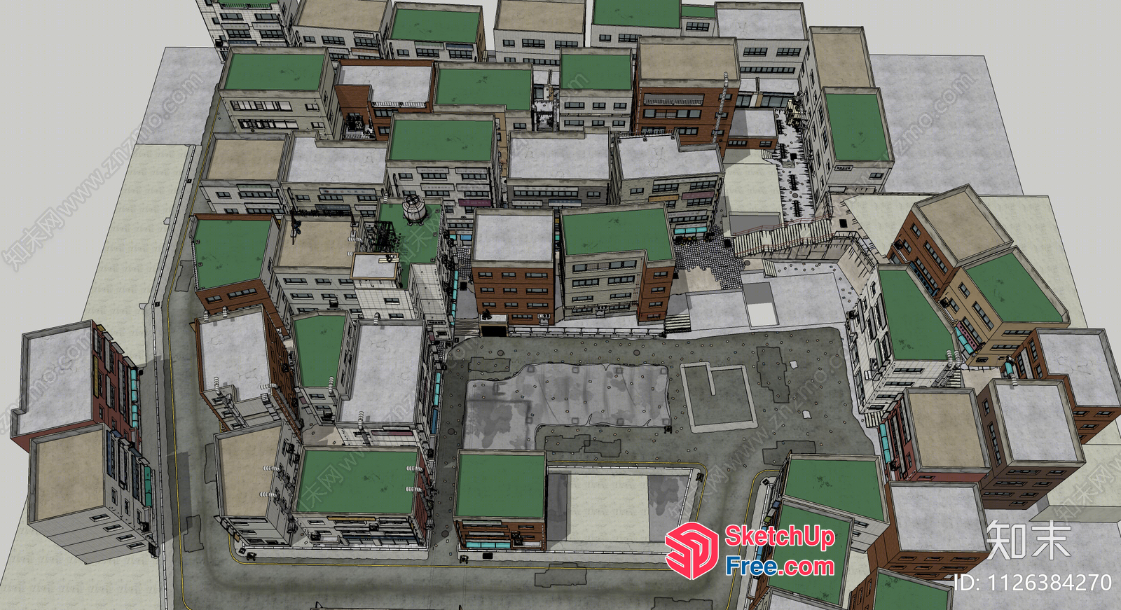 Aerial View Of A Commercial Street With Various Buildings 3D SketchUp File