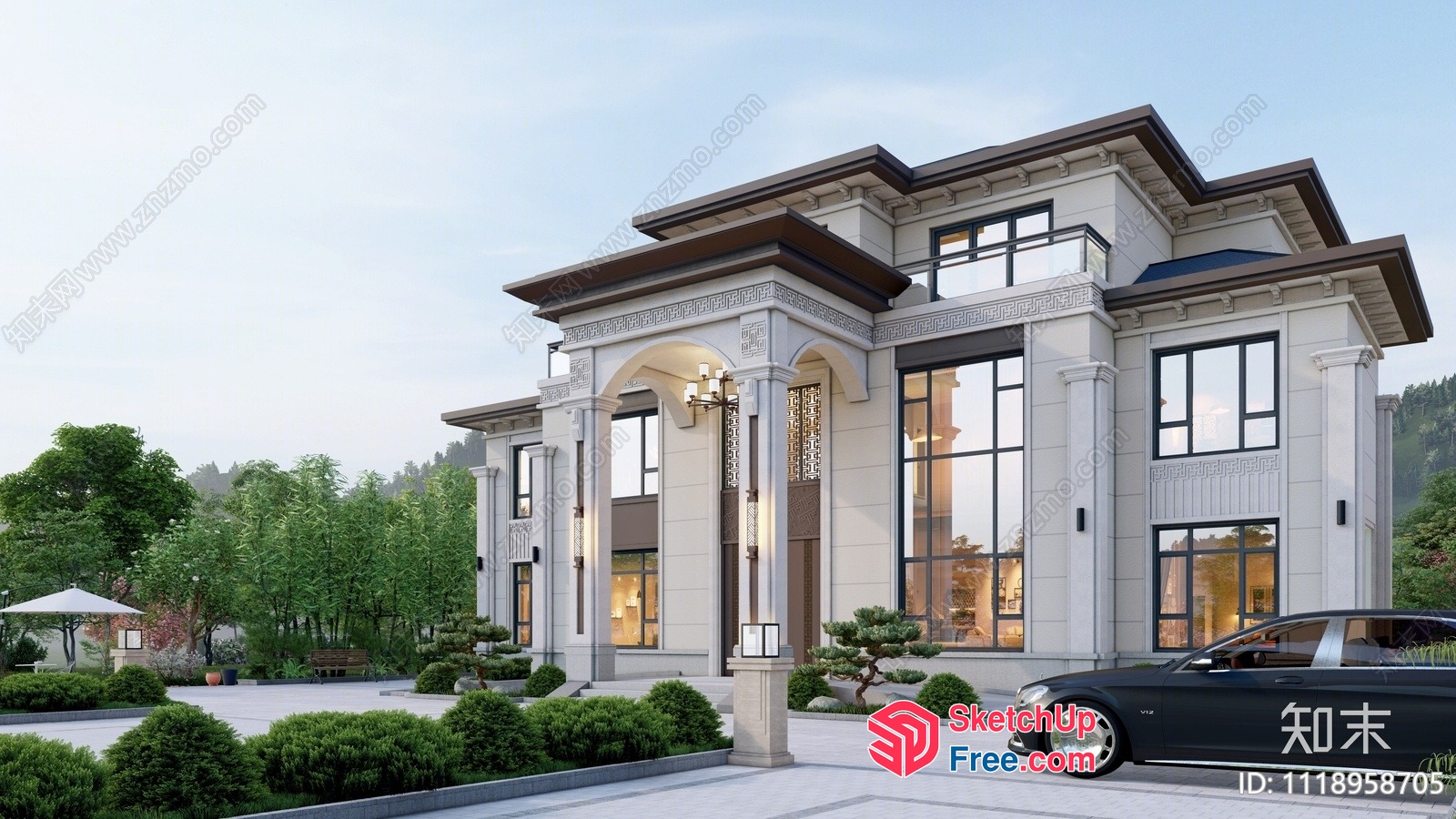 Luxurious Villa With Elegant Pillars And Car 3D SketchUp File