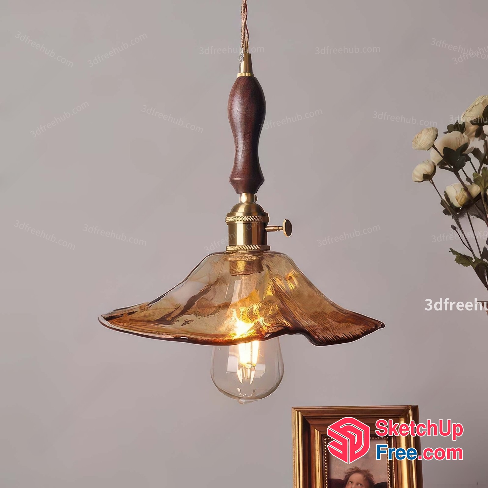 Elegant Hanging Light Fixture With Wooden Handle 3D SketchUp File
