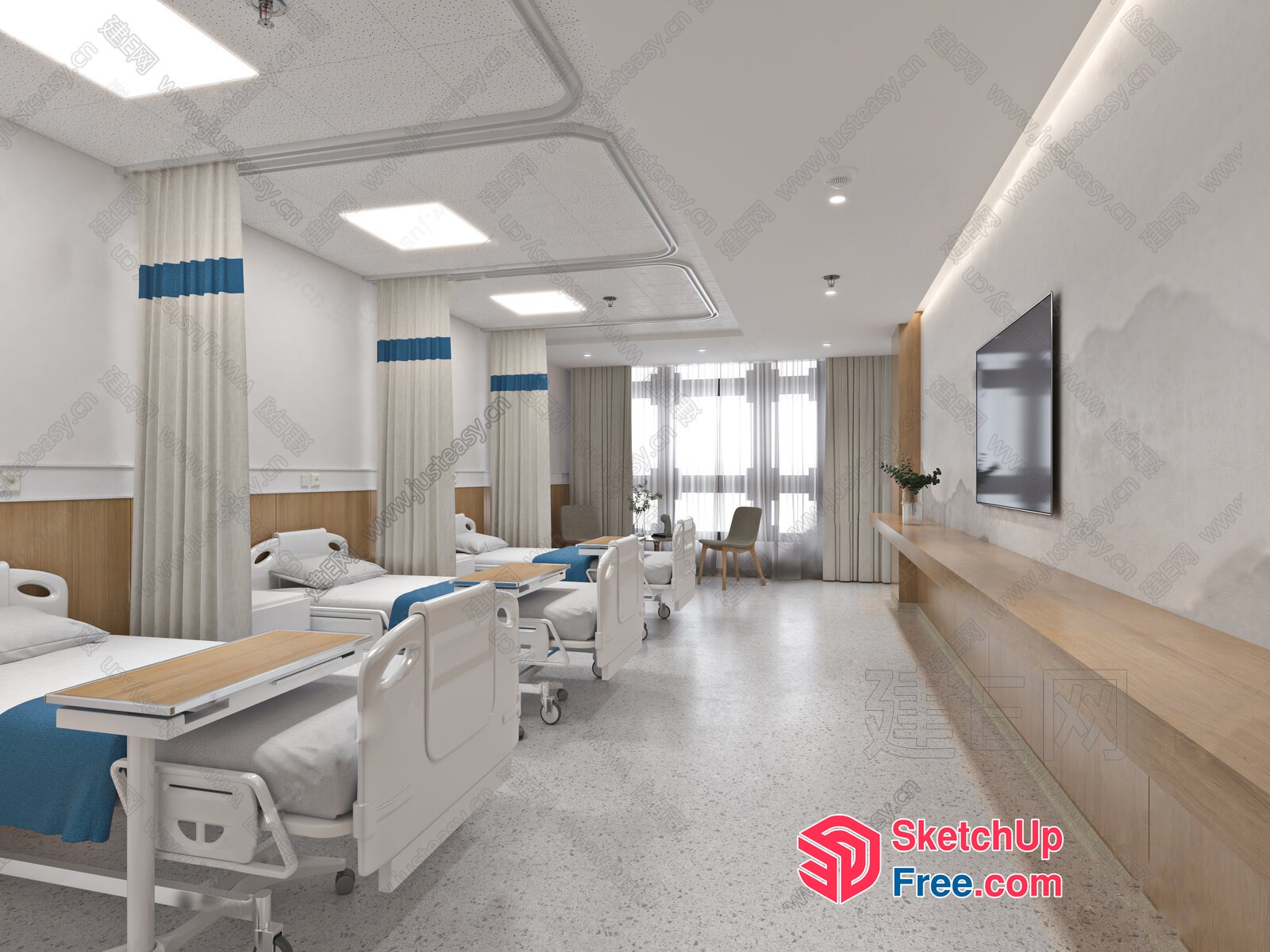 Modern Hospital Ward With White And Blue Decor 3D SketchUp File