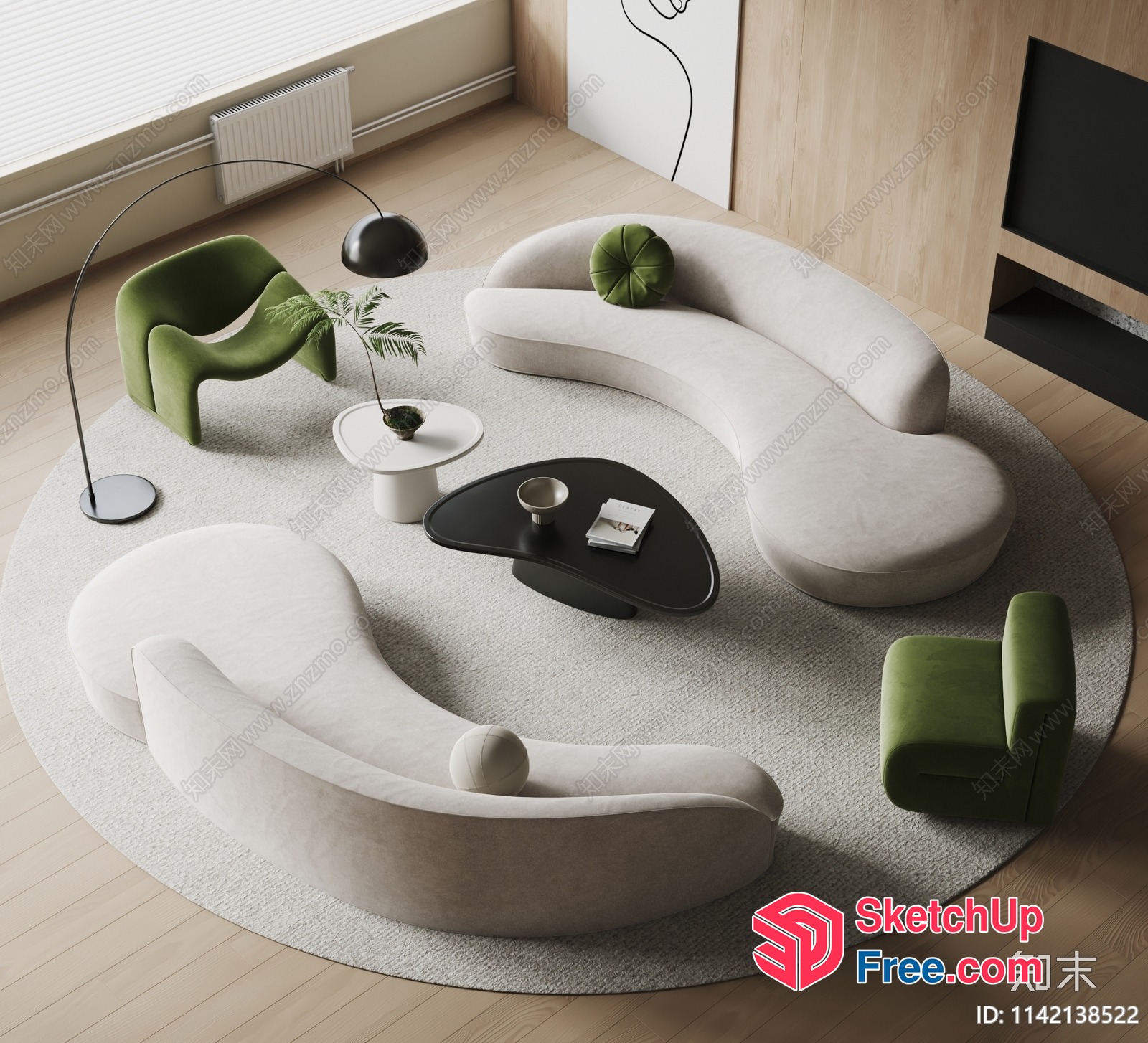 Modern Japanese Minimalist Living Room With Curved Furniture 3D SketchUp File