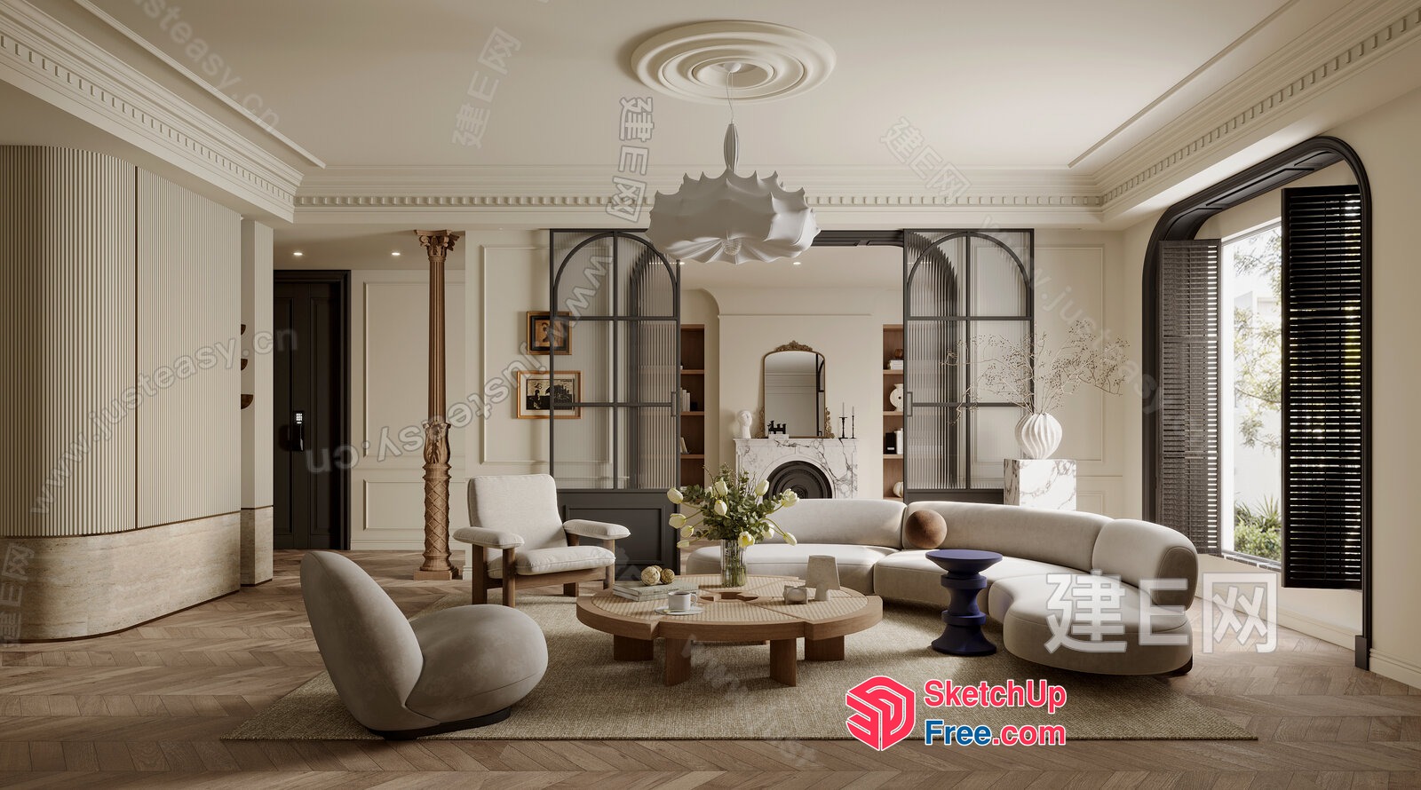Elegant Living Room With Creamy Style And Classical Elements 3D SketchUp File