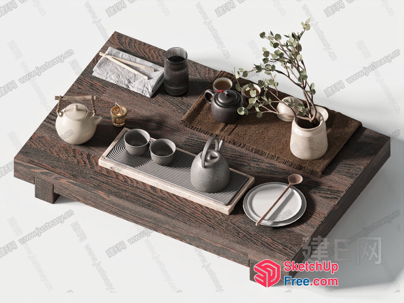 Traditional Japanese Tea Setting On Wooden Table 3D SketchUp File