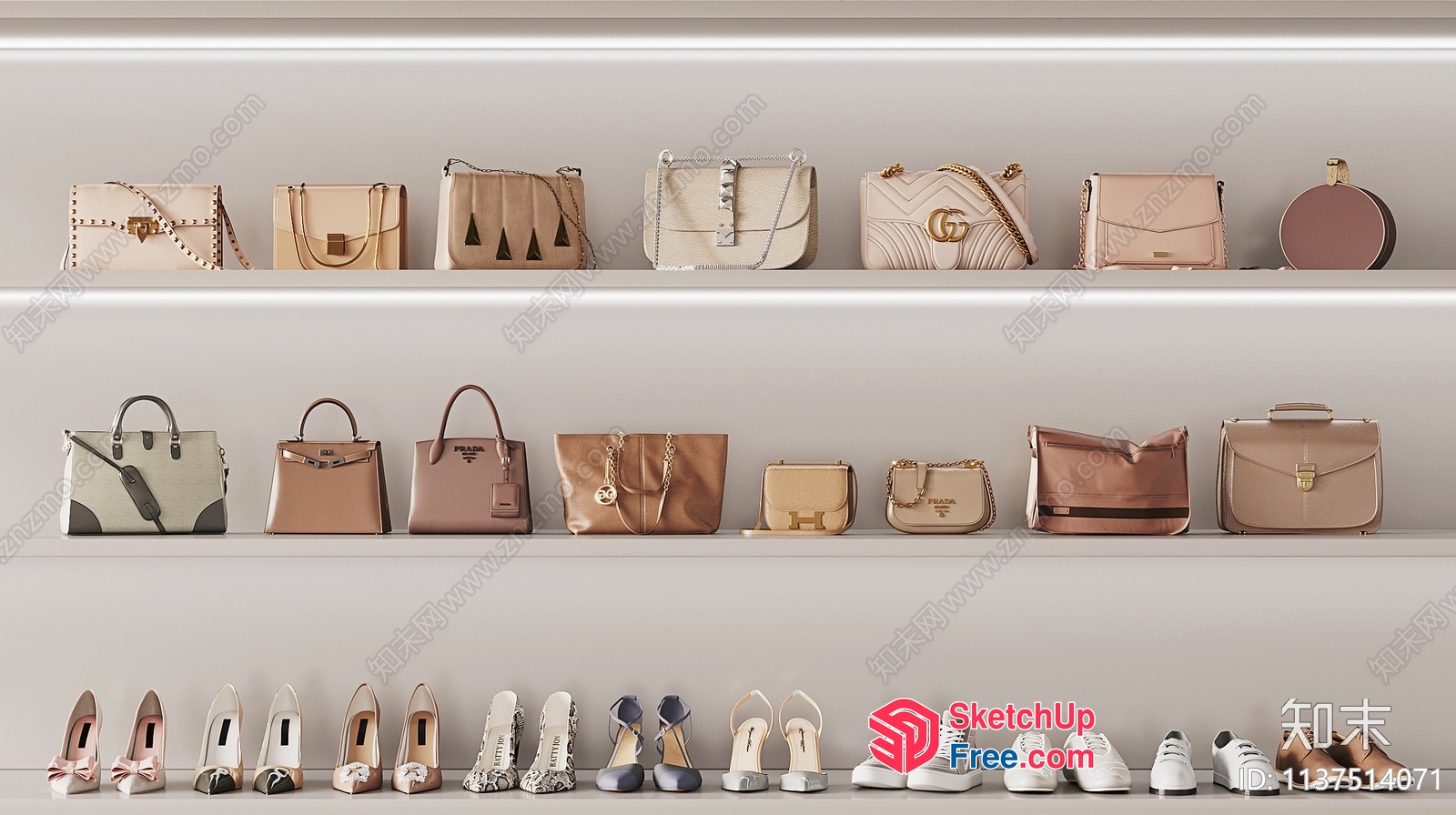 Elegant Handbags And Shoes Displayed On White Shelves 3D SketchUp File