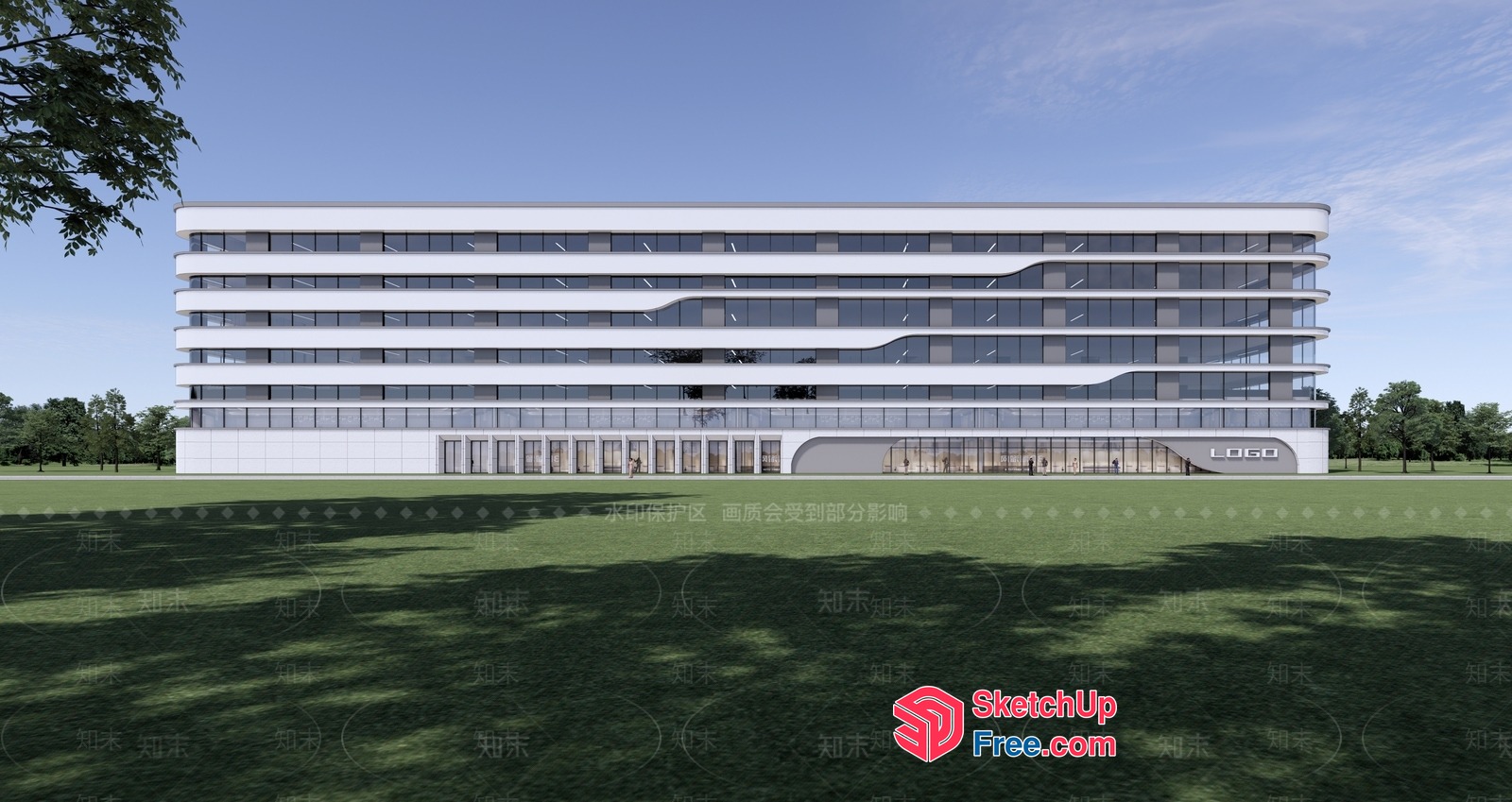 Modern Office Building With Glass Curtain Wall 3D SketchUp File