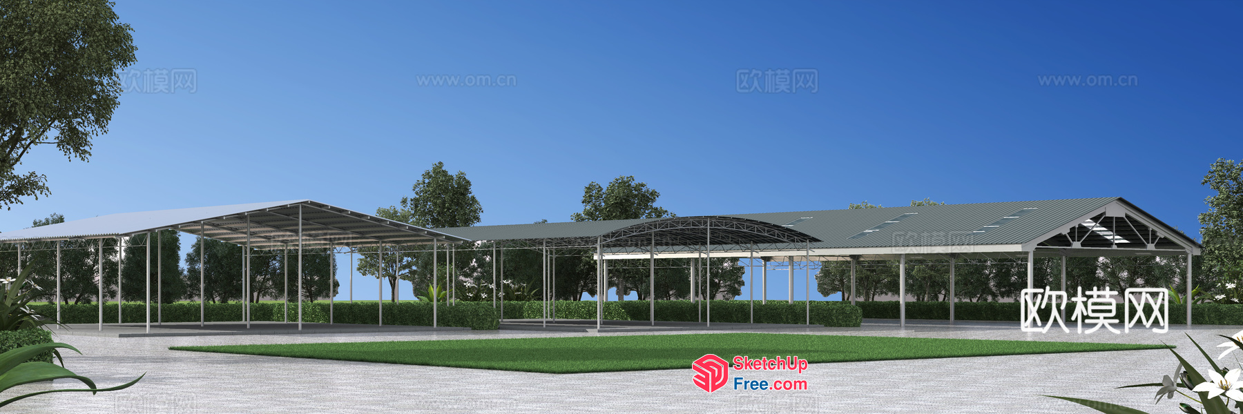 Exterior Building Structure With Roof And Pillars 3D SketchUp File