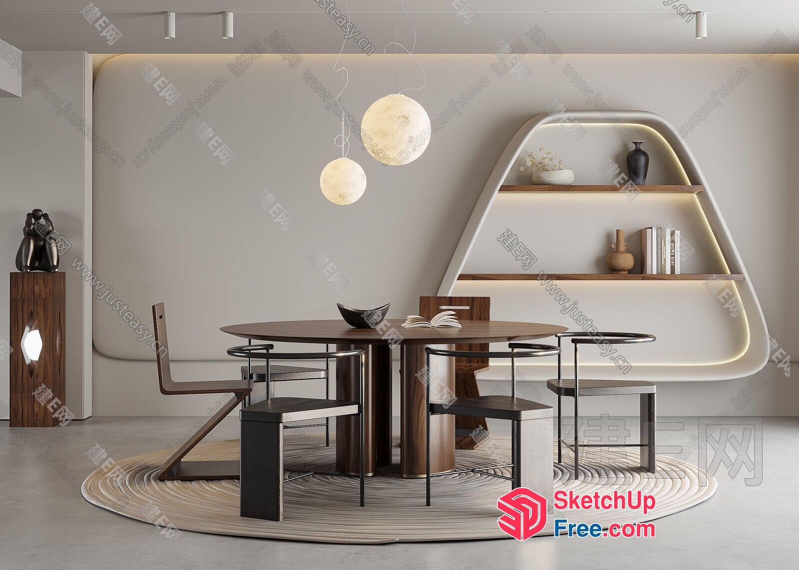 Modern Minimalist Dining Room With Curved Shelf And Table 3D SketchUp File