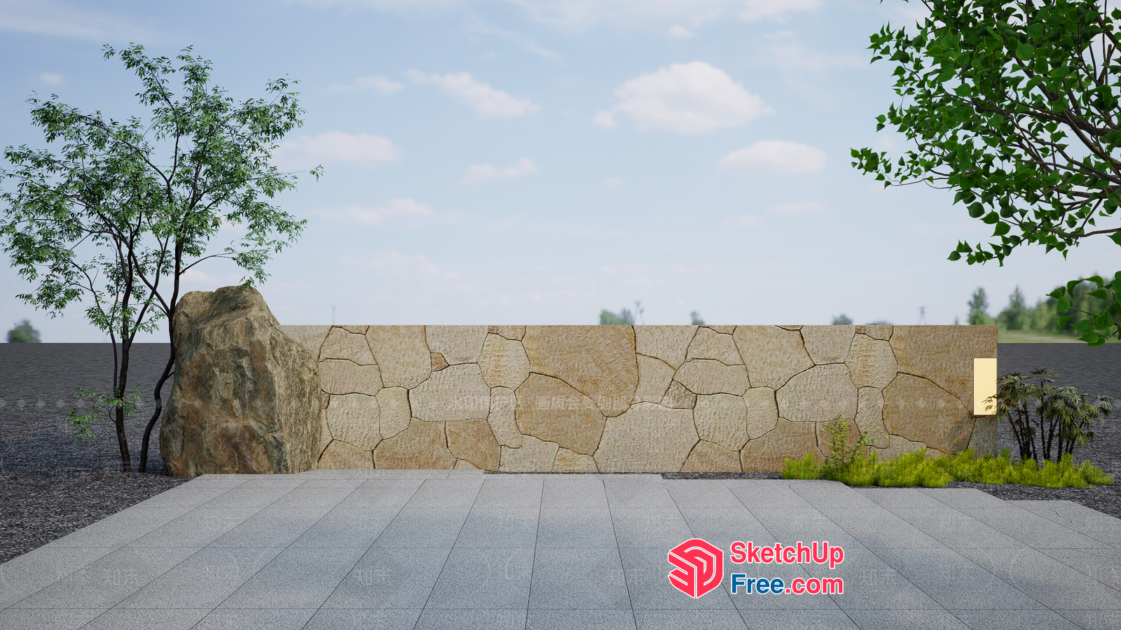 Exterior Japanese Style Stone Wall And Pathway 3D SketchUp File