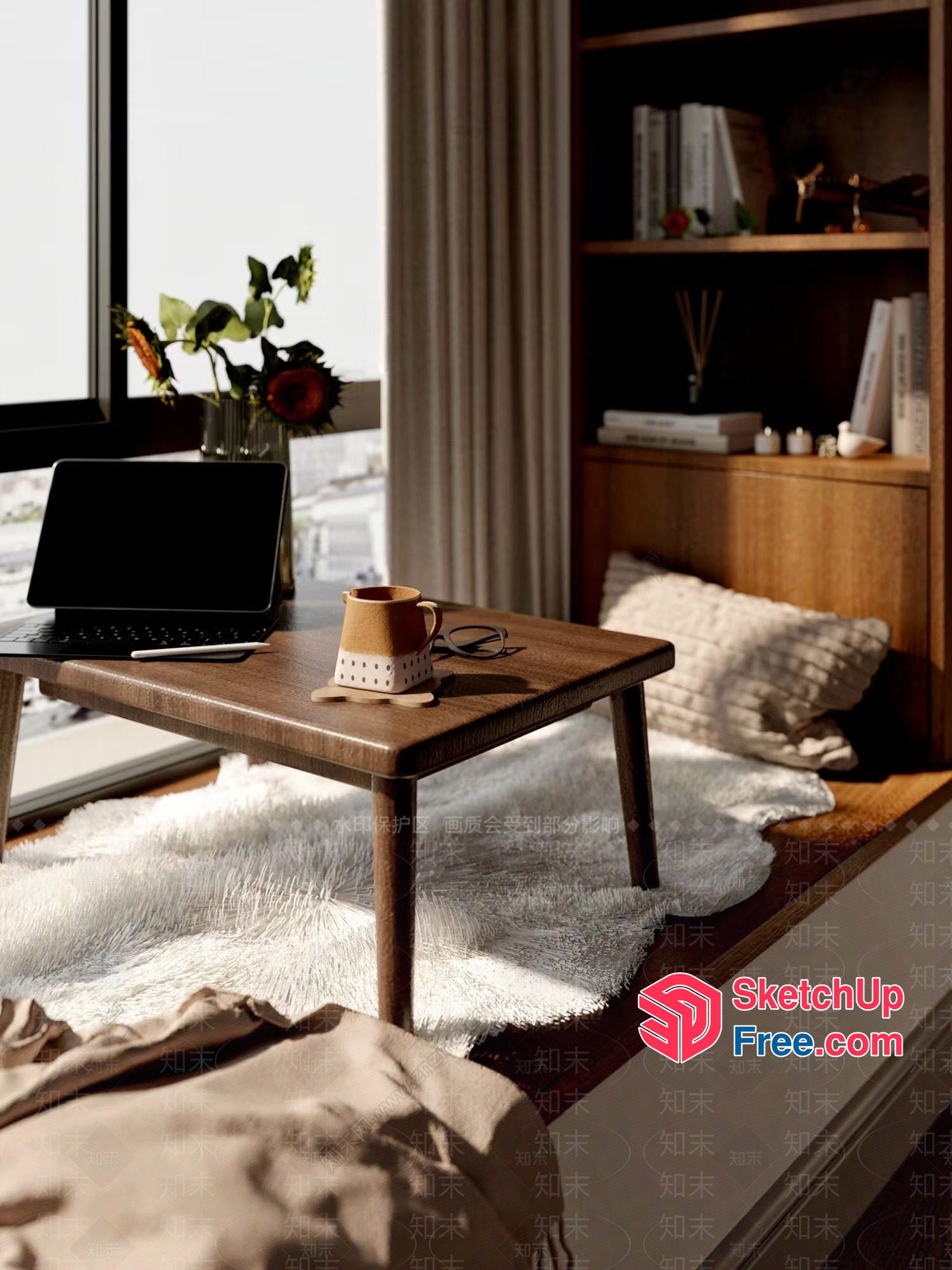 Cozy Sunlit Home Office With Wood Accents And Natural Light 3D SketchUp File