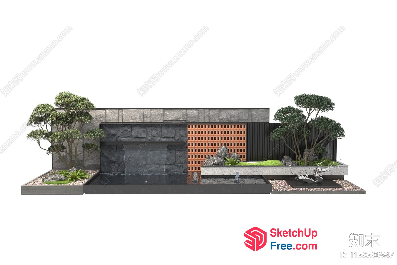 Japanese Style Modern House With Waterfall And Garden 3D SketchUp File