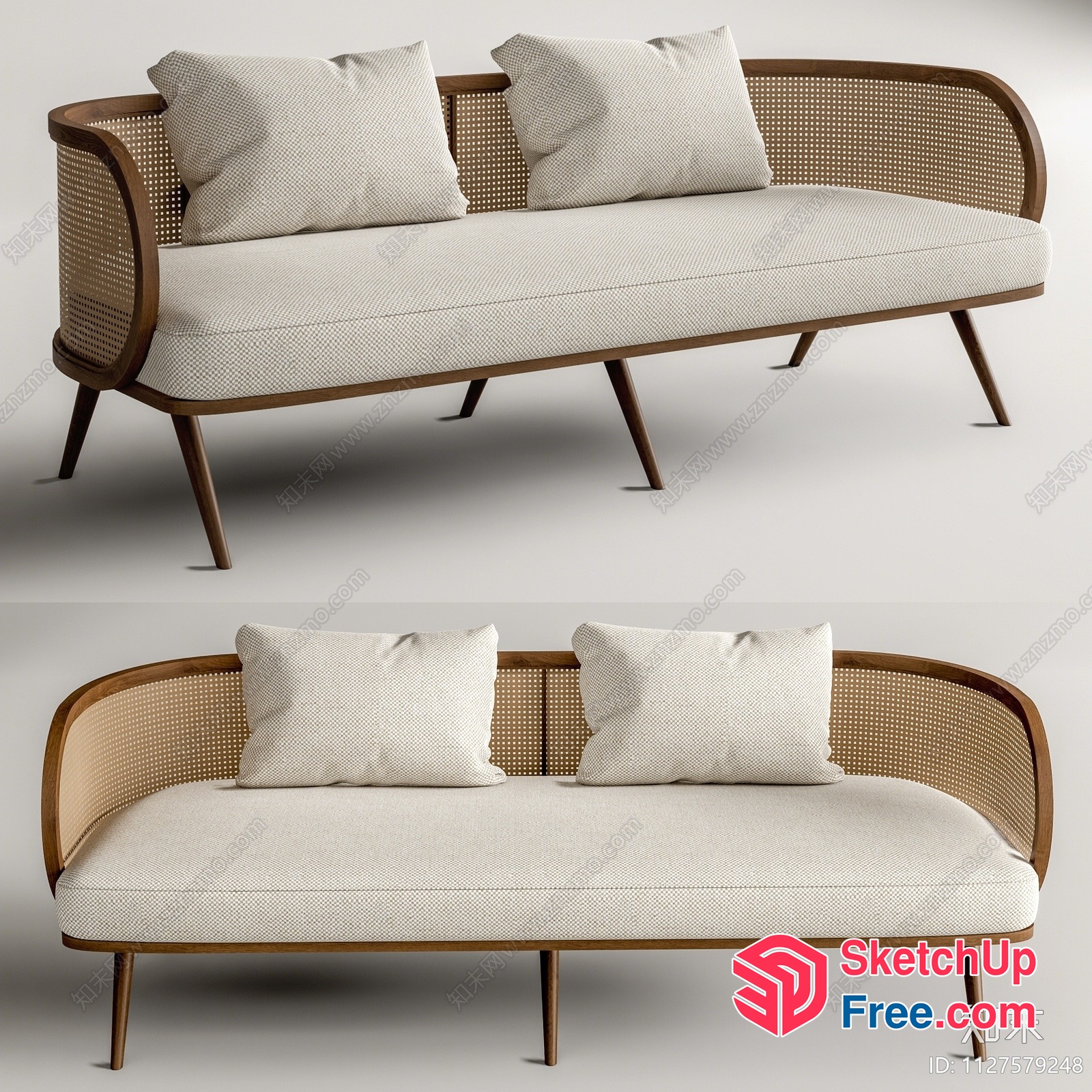 Elegant Mid-Century Modern Sofa With Rattan Backrest And Cushions 3D SketchUp File