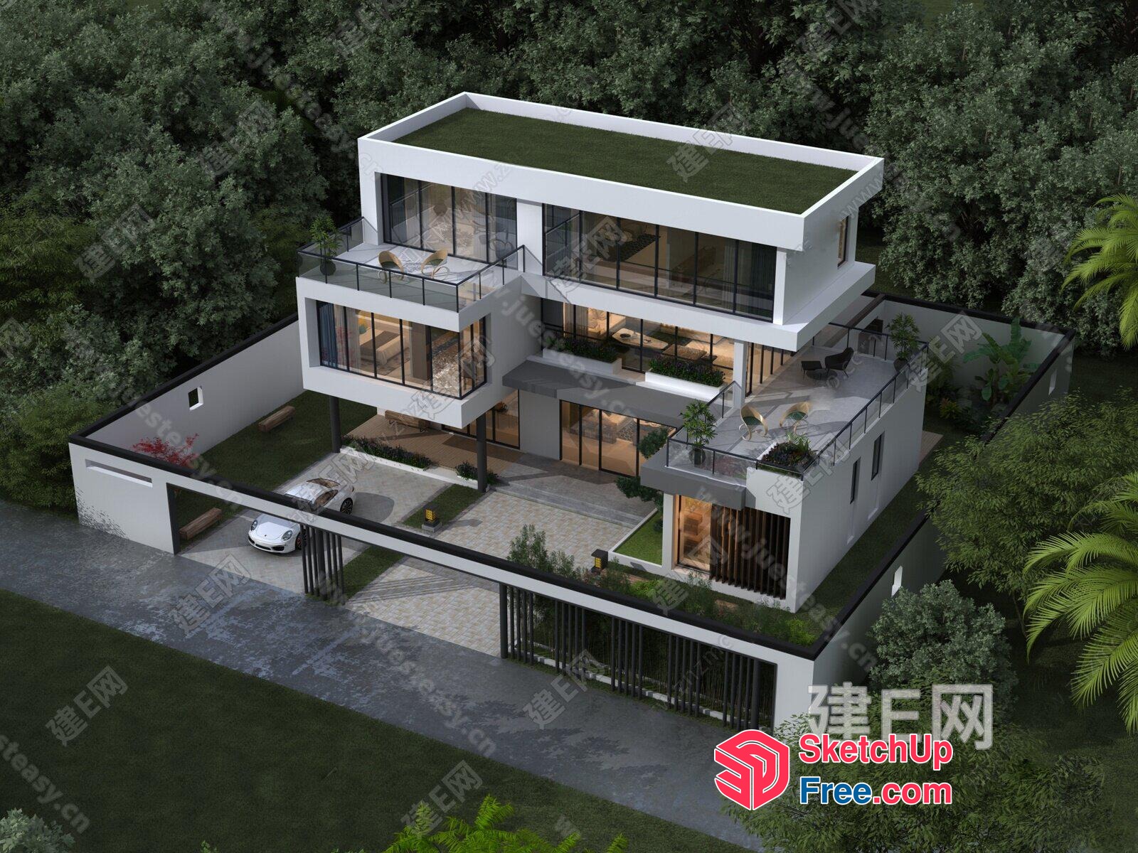 Modern Villa With Glass Curtain Wall And Green Roof 3D SketchUp File