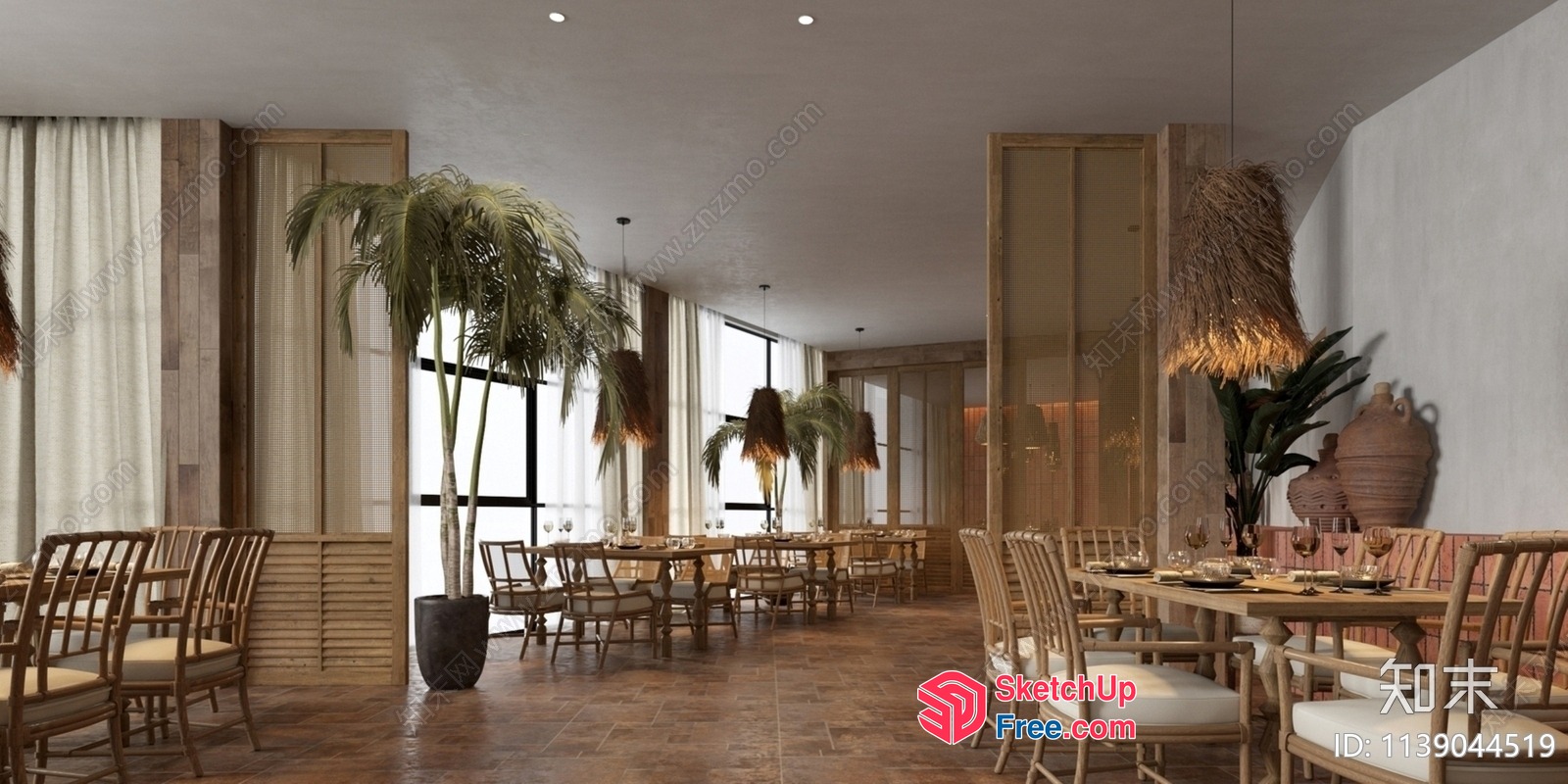 Elegant Dining Room With Natural Wood And Plants 3D SketchUp File