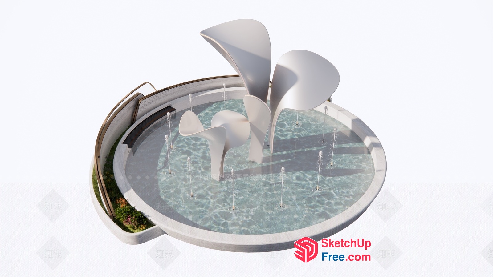 Modern White Water Fountain With Curved Shapes 3D SketchUp File