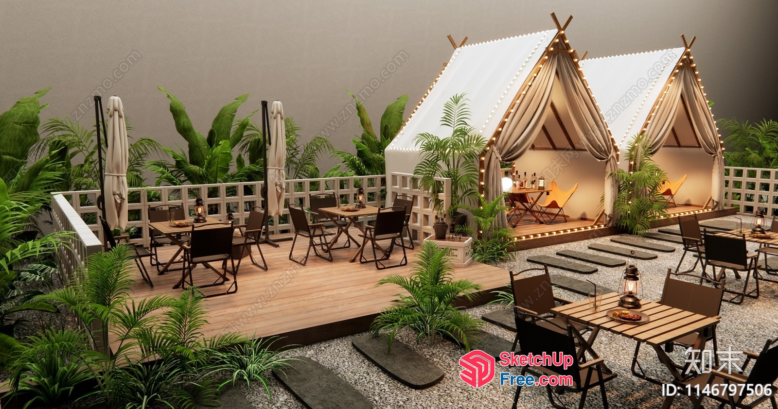 Outdoor Dining Area With Tents And Greenery 3D SketchUp File