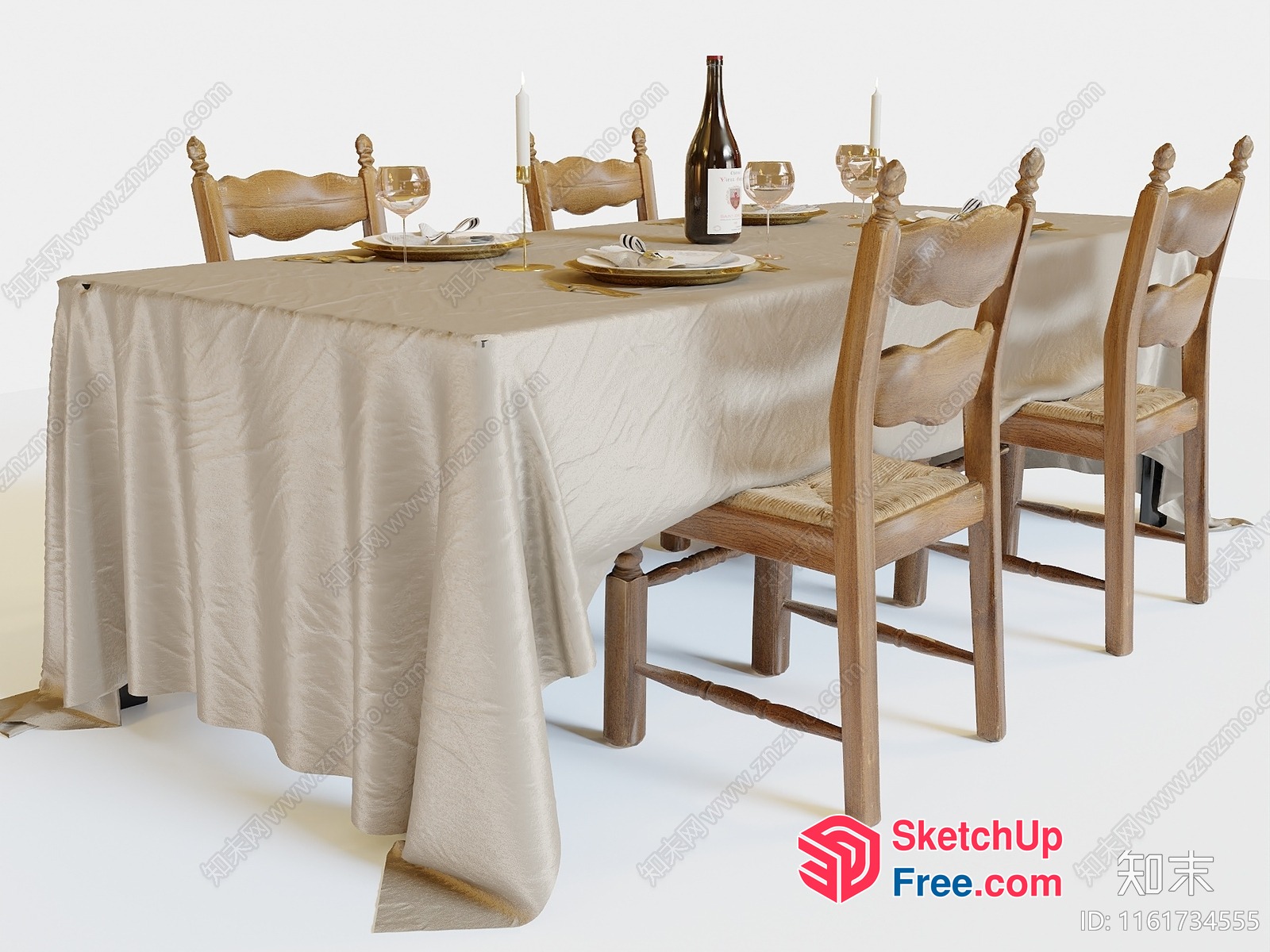 Elegant Dining Room Table With Wine Bottle And Plates 3D SketchUp File
