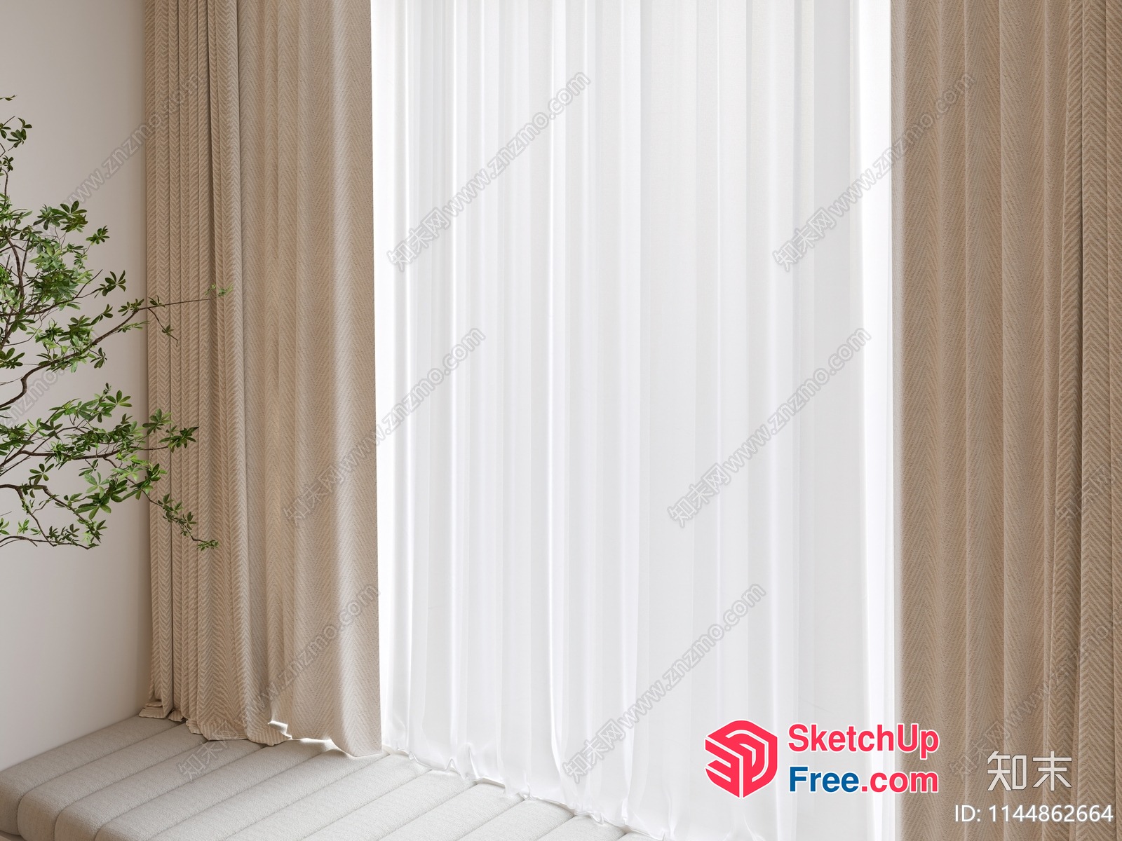 Elegant White Curtains With Beige Pillows 3D SketchUp File