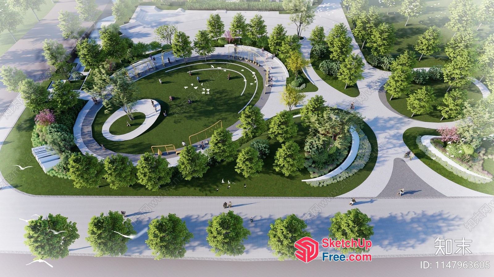 Modern Park Design With Playgrounds And Walking Paths 3D SketchUp File