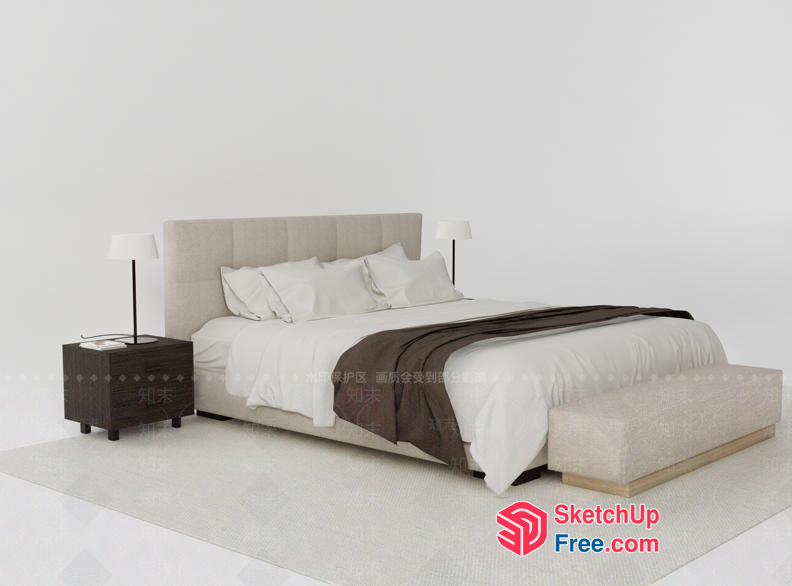 Minimalist Style Bedroom With Pillows And Bedside Table 3D SketchUp File