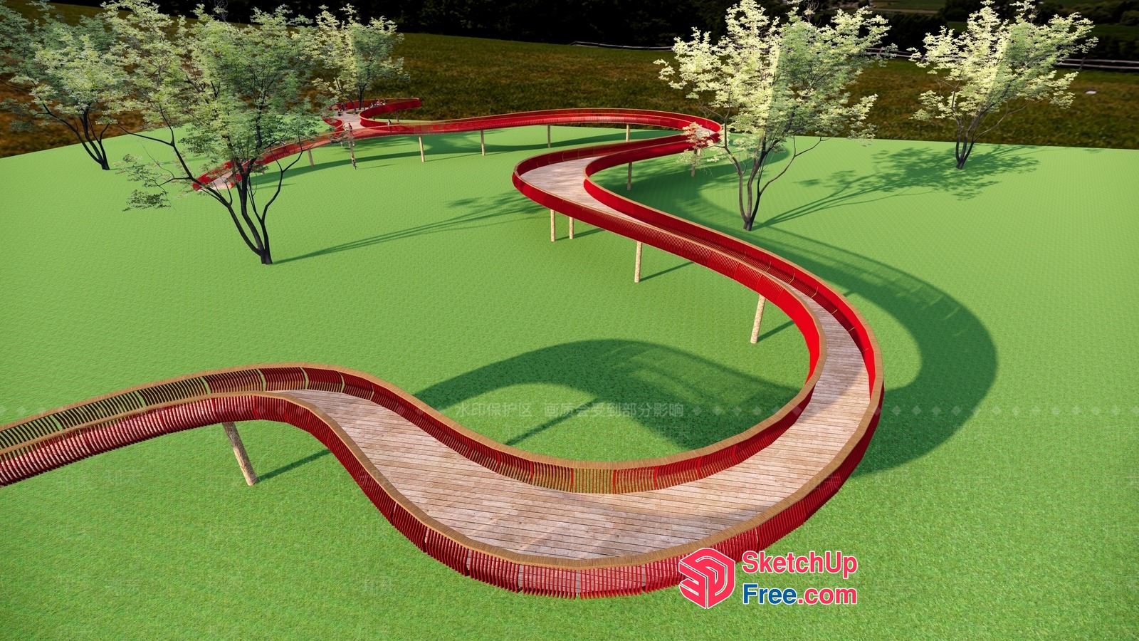 Serpentine Wooden Walkway With Red Railing 3D SketchUp File