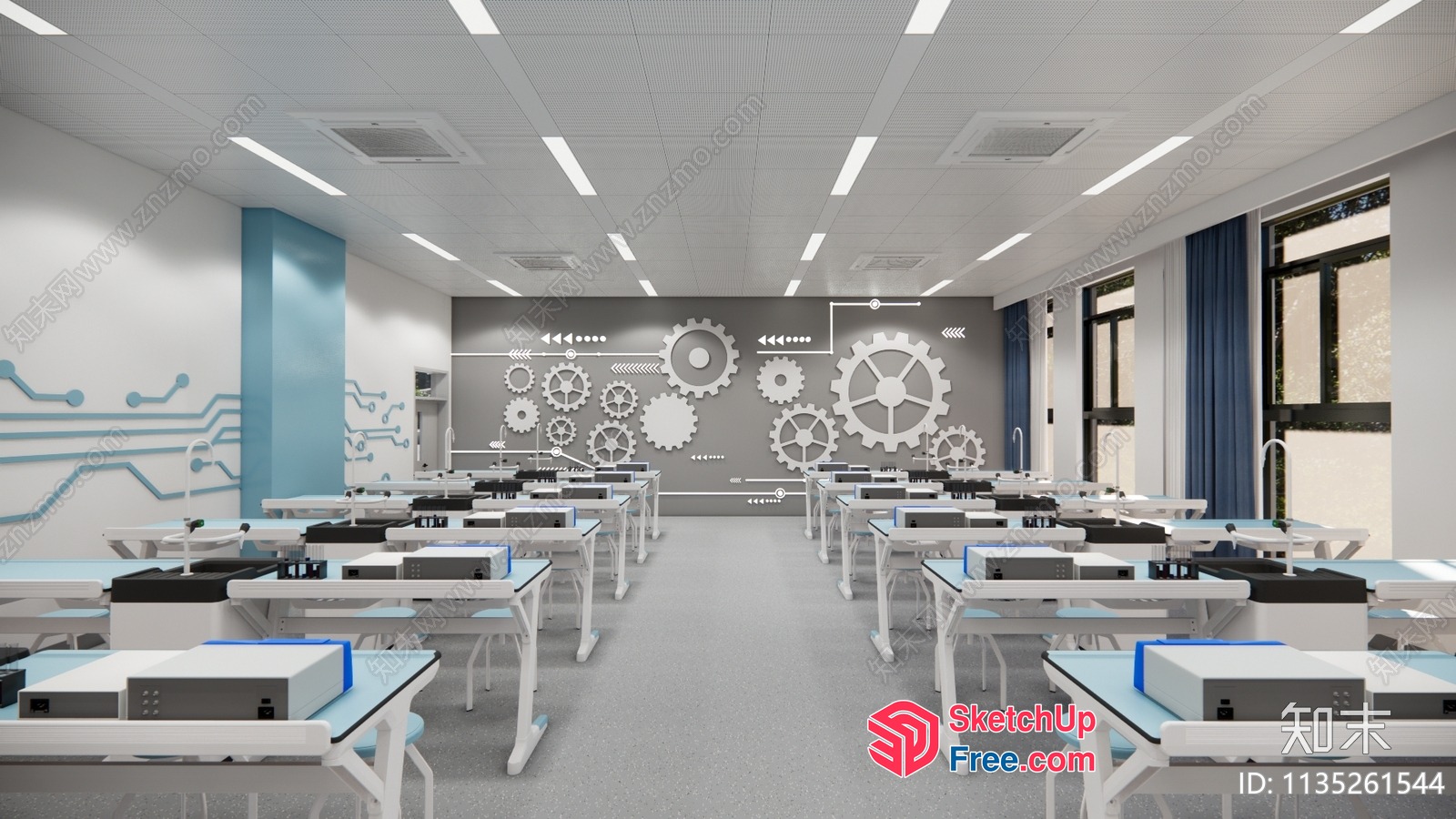 Modern Classroom With Industrial Style Decor And White Desks 3D SketchUp File