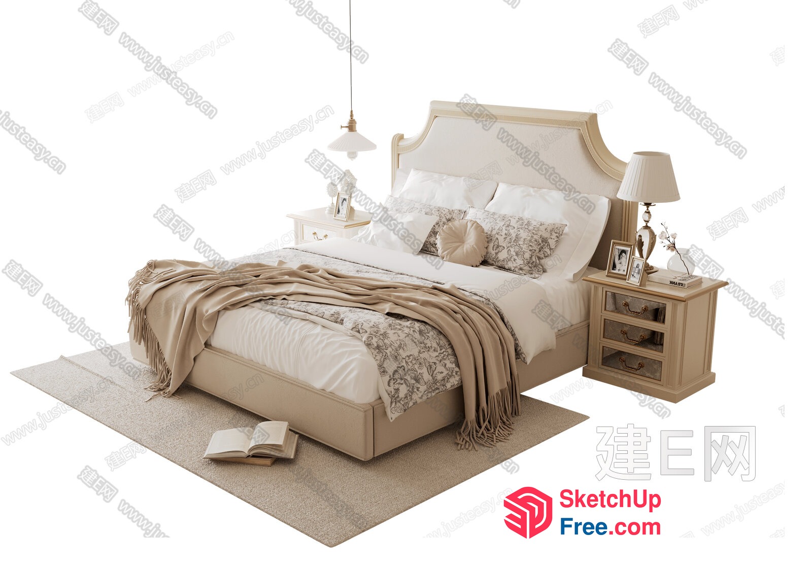 Elegant Creamy Style Bedroom With Classic Furniture 3D SketchUp File