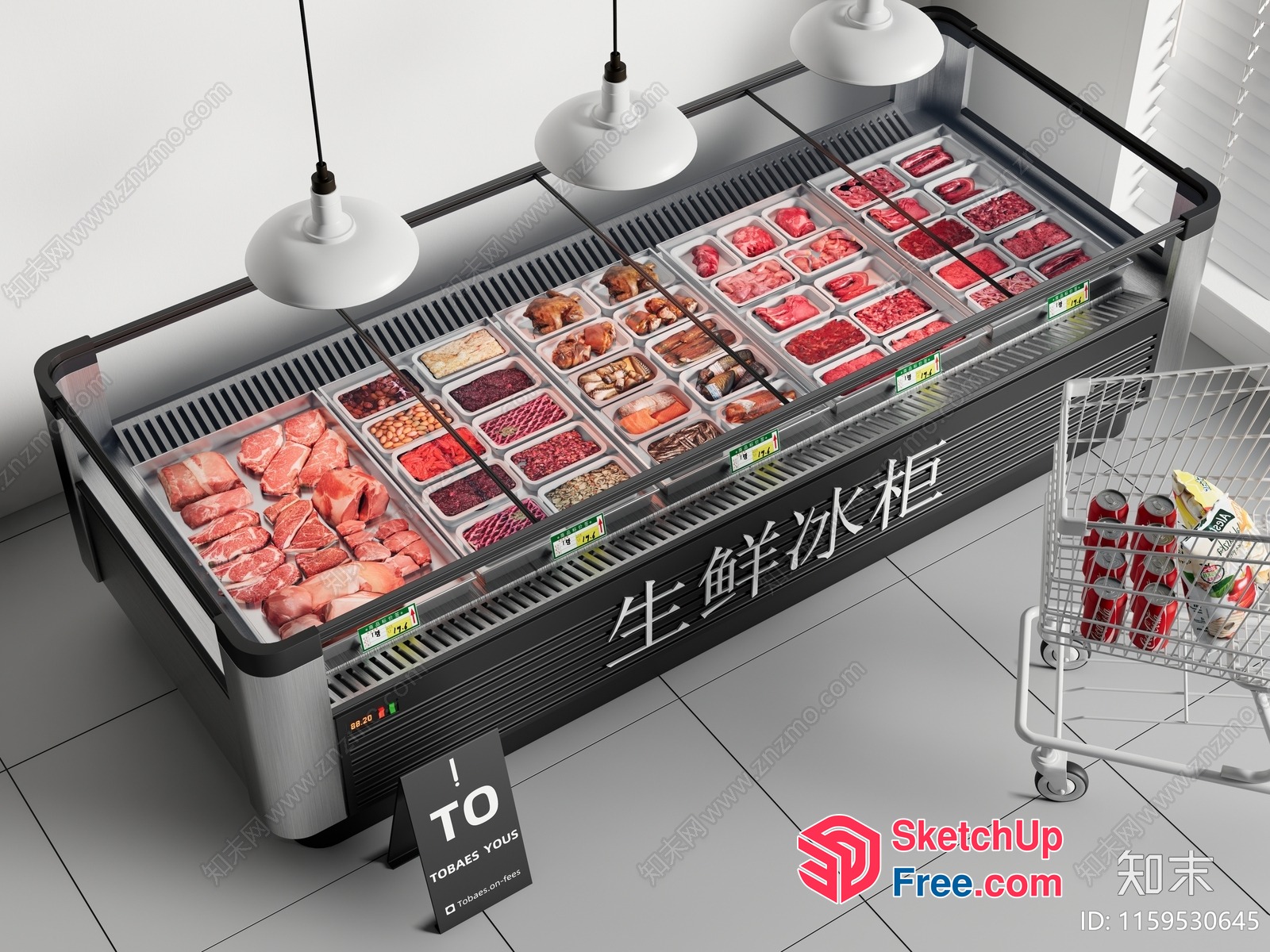 Meat Display Case With Glass Top And Hanging Lights 3D SketchUp File