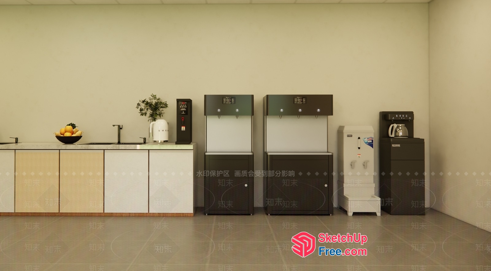 Office Kitchen With Water Coolers And Fruits 3D SketchUp File