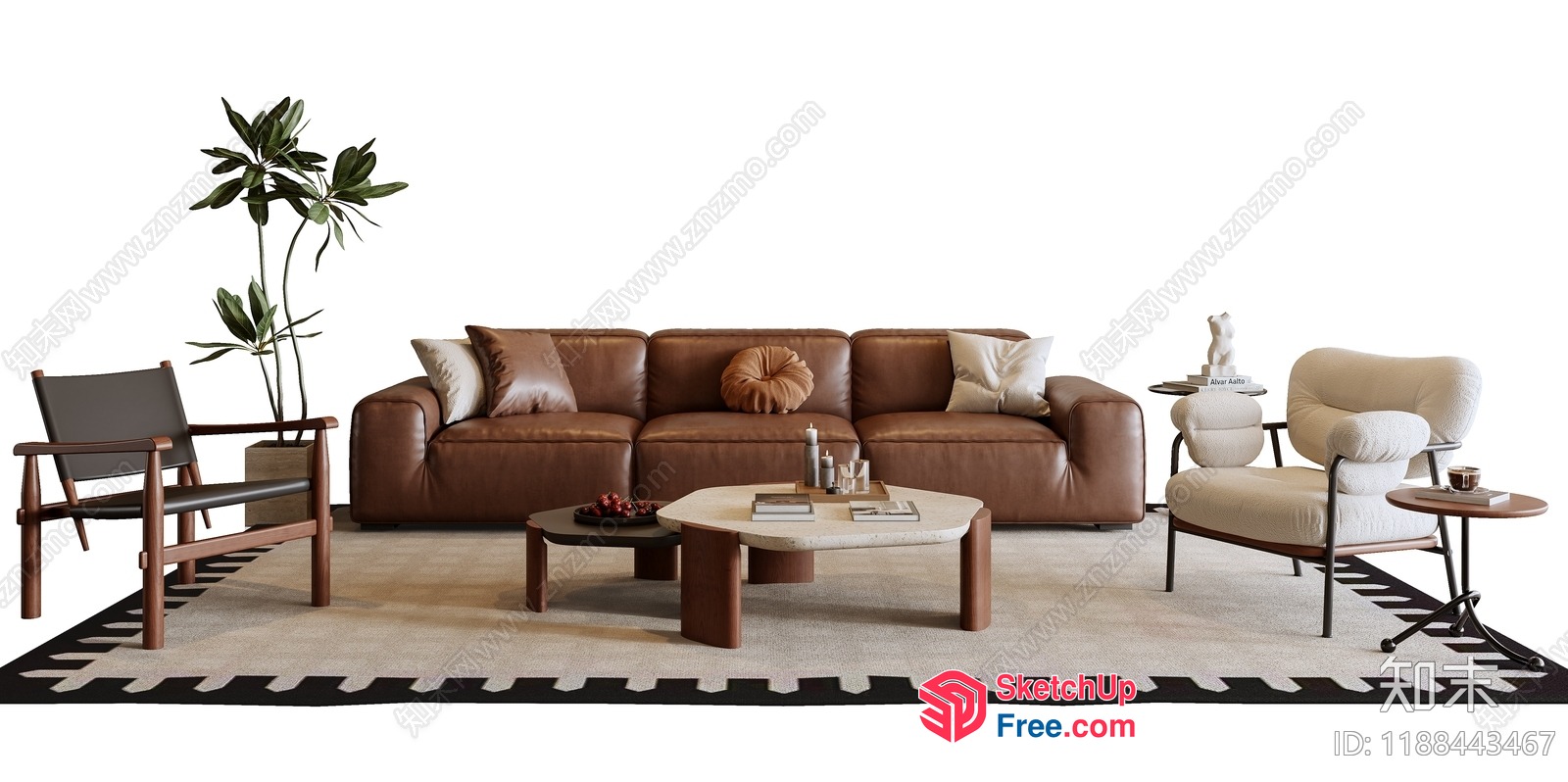 Modern Living Room Furniture Set With Leather Sofa And Pillows 3D SketchUp File
