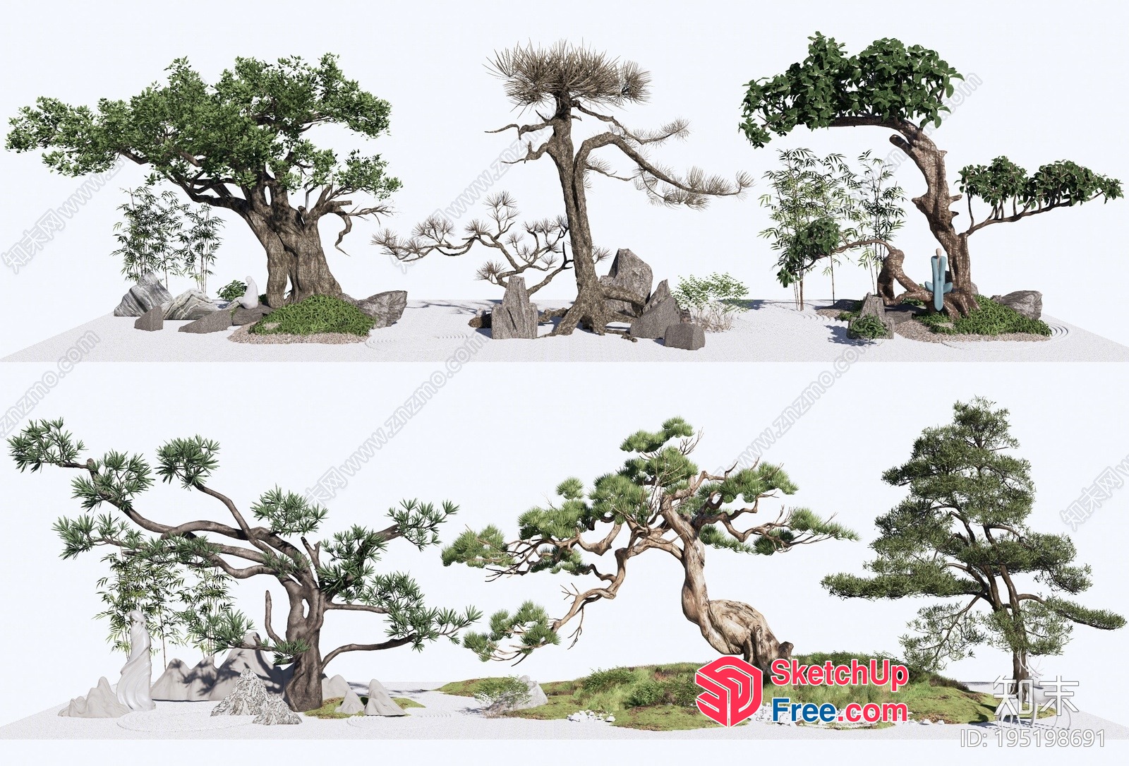 Japanese Style Garden With Trees And Rocks 3D SketchUp File