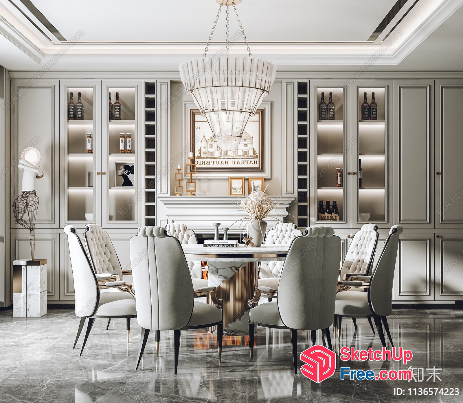 Elegant Dining Room With Marble Table And White Chairs 3D SketchUp File