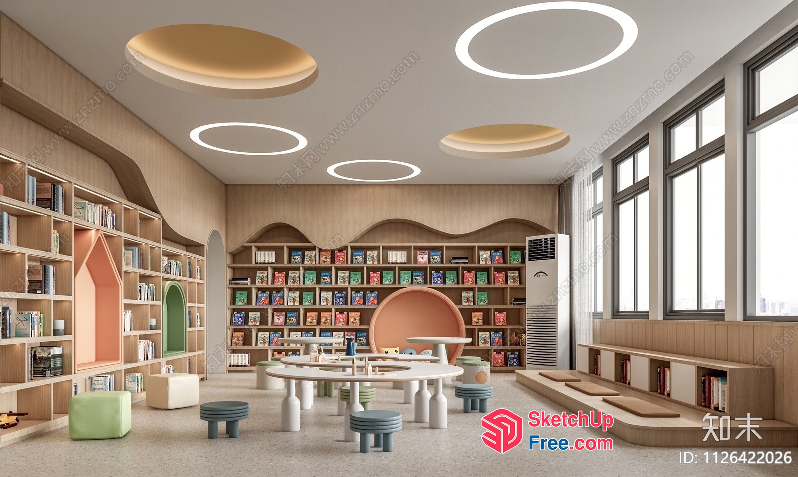 Modern Library Interior With Bookshelves And Tables 3D SketchUp File