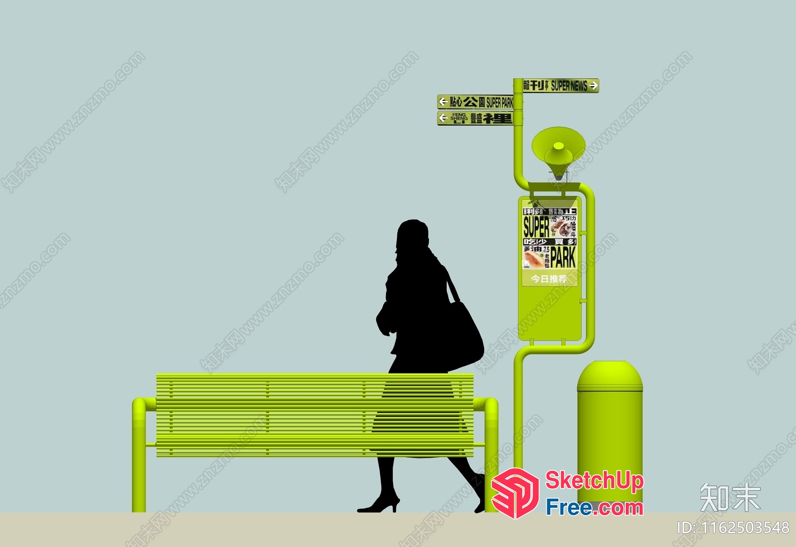 Modern Green Park Bench And Signpost 3D SketchUp File