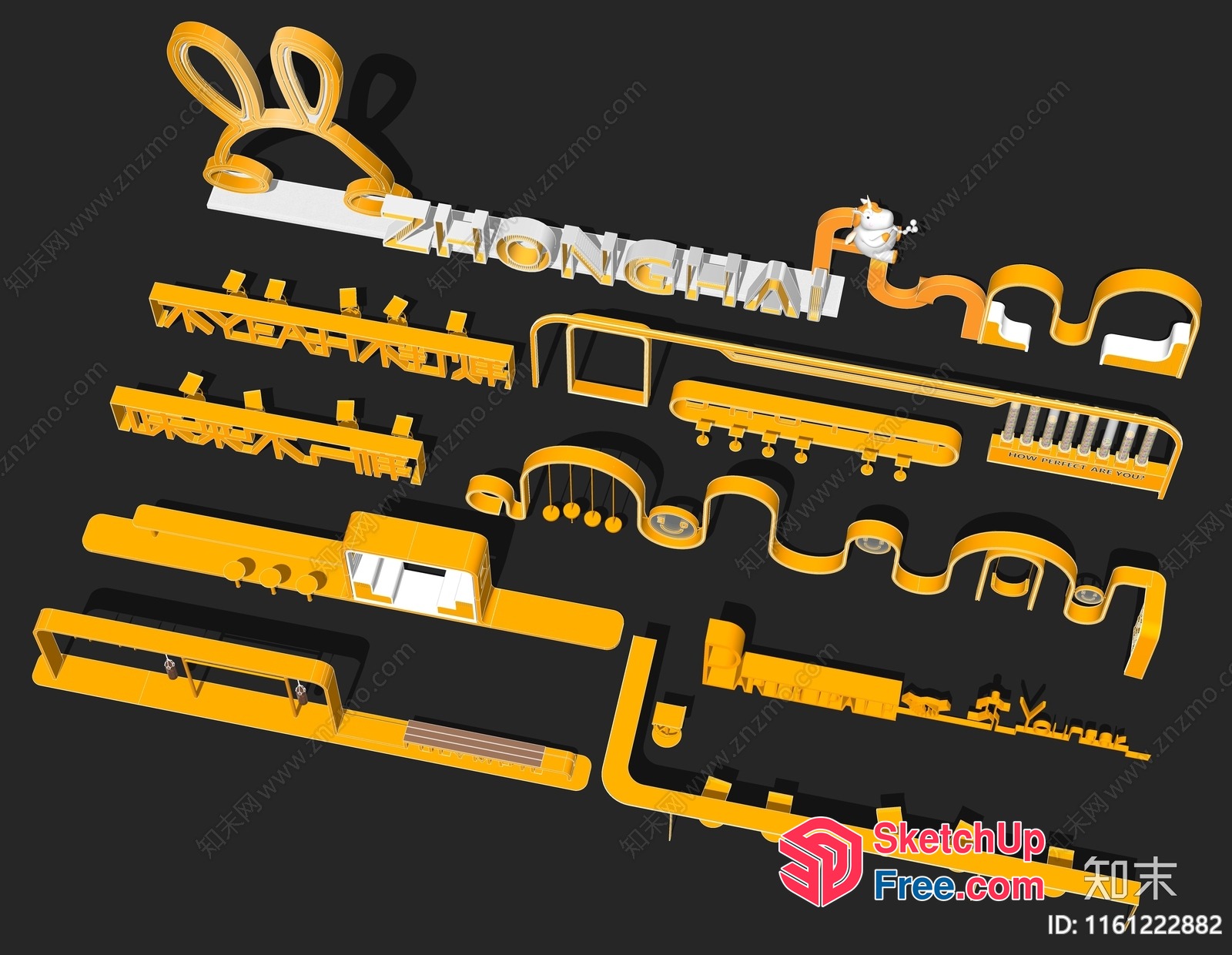 Yellow And White 3D Letters And Shapes On A Black Background 3D SketchUp File
