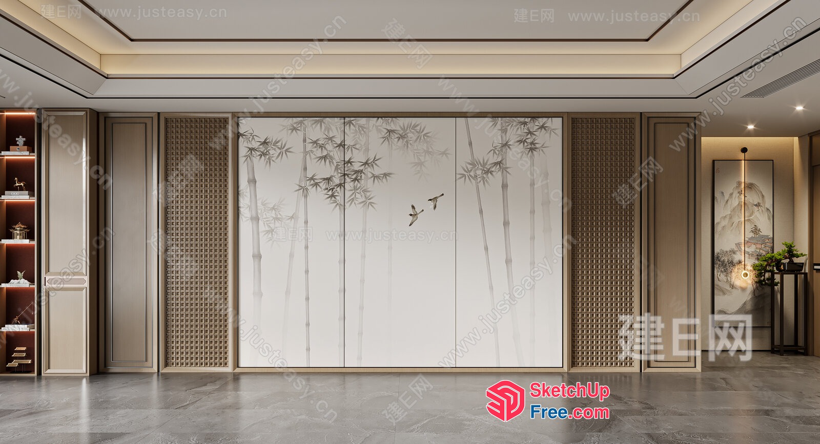 Elegant Asian-Inspired Interior With Bamboo And Bird Motifs 3D SketchUp File