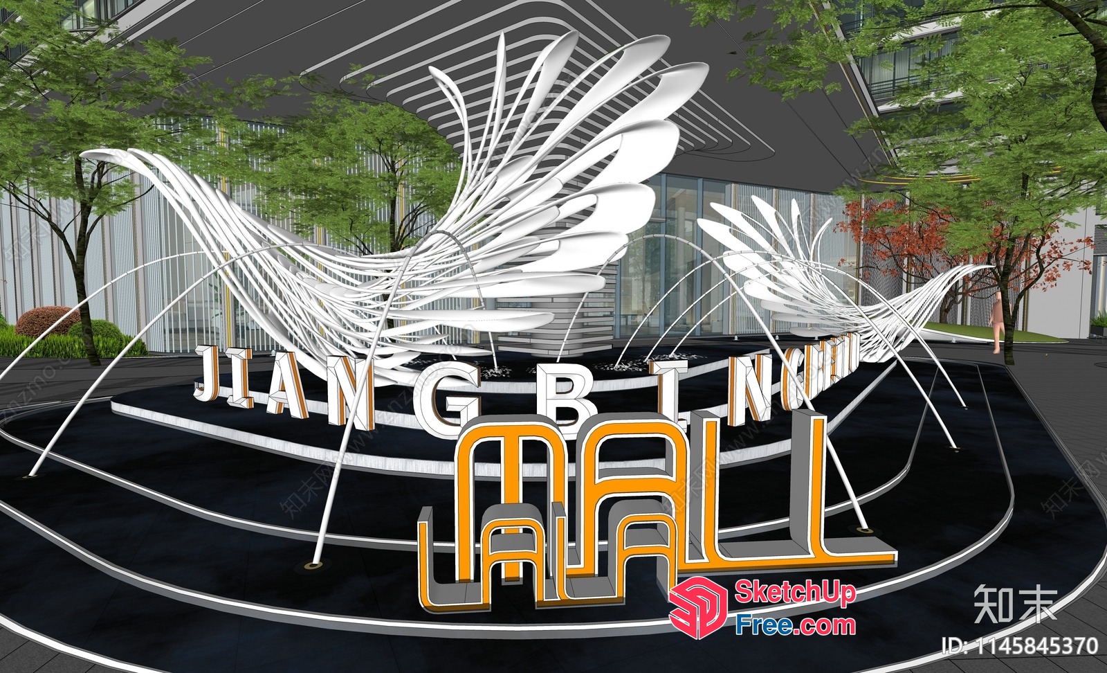 Modern White Sculpture With Greenery And Glass Building 3D SketchUp File