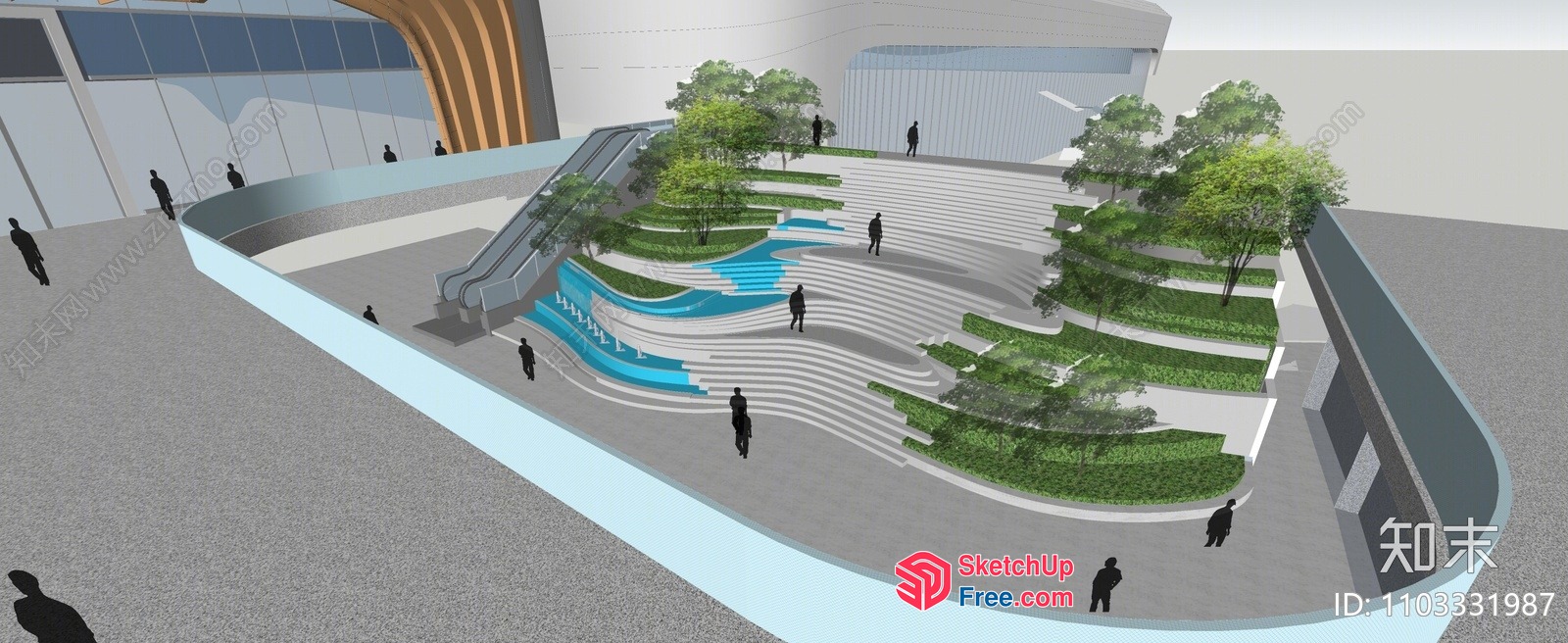 Modern Exterior Building With Staircase And Water Feature 3D SketchUp File