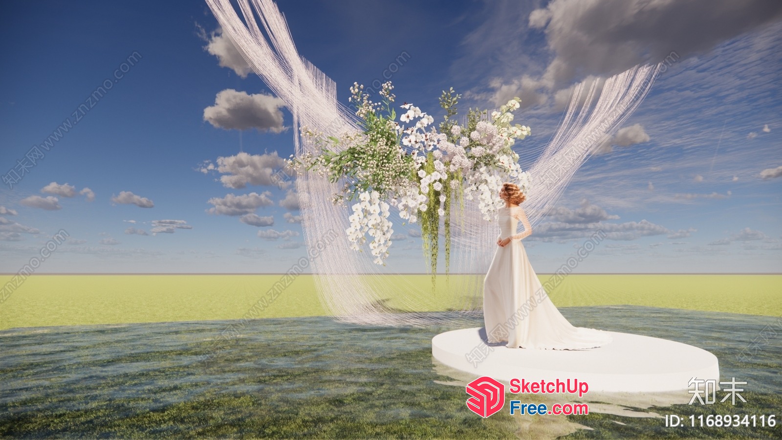 Elegant Woman In White Dress Standing On Circular Platform In Front Of Floral Arrangement 3D SketchUp File